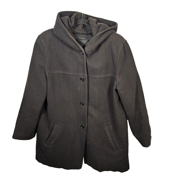 Vintage Made in USA 100% Wool Black Hooded Pea Coat J. Percy Women's Large - Picture 1 of 9